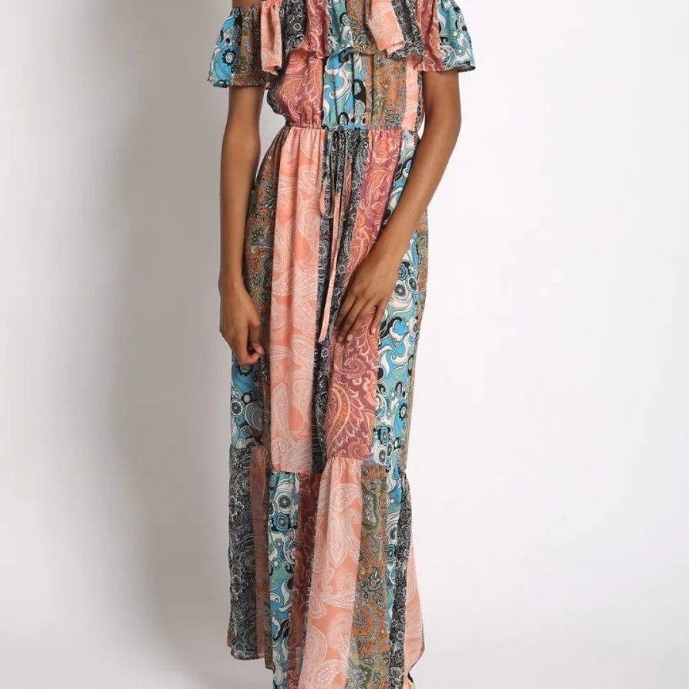 Sans Souci Off Shoulder Patch Print Maxi Dress Elastic Tie Waist M Black Blue